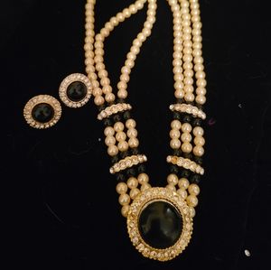 White Pearl black and CZ Necklace and Earrings
